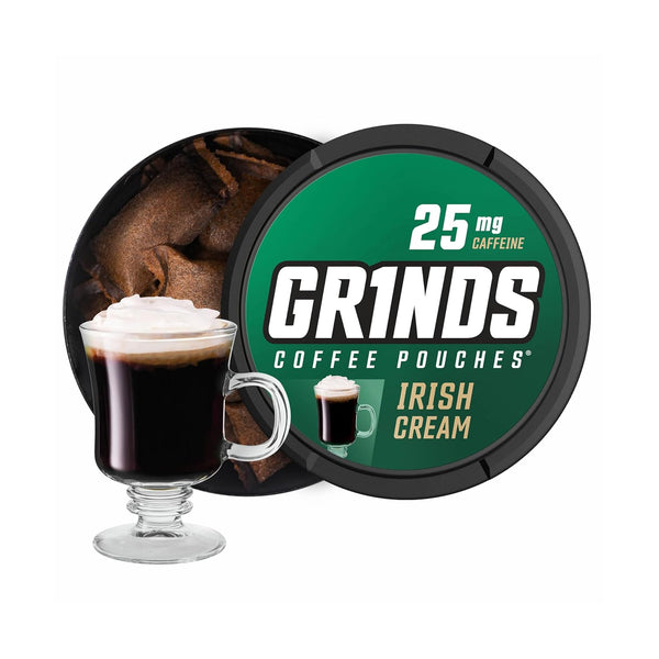 Grinds Coffee Pouches, Tobacco Free Healthy Alternative, 3 Cans of Irish Cream, 18 Pouches Per Can