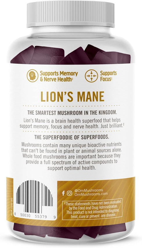 Om Mushroom Superfood | Lion's Mane Gummies | USA Grown Organic Mushrooms |Memory, Focus, Clarity, Nerve Health & Mood Support | 60 Count, 30 Servings Gummy Supplements