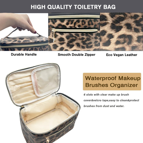 FITINI Portable Makeup Bag, Large Travel Cosmetic Organizer, PU Leather Toiletry Bag with Handle and Zipper (Brown
