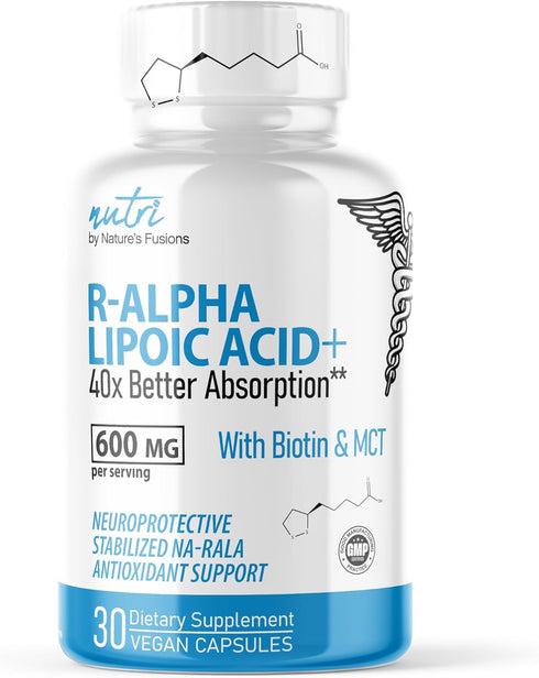 Nutri R Alpha Lipoic Acid 600mg Capsules - R Lipoic Acid Stabilized with Biotin - 30 Vegan Capsules