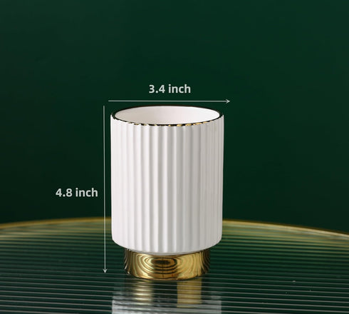 IEEK Glass Makeup Brush Holder Organizer - White and Gold Ceramic Cup for Brushes, Modern Striped Vase