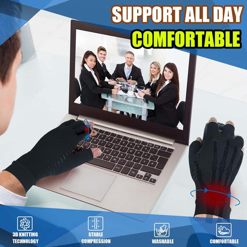 2 Pairs Copper Arthritis Gloves, Fingerless Compression Gloves for Pain Relief and Healing (Black, Medium)