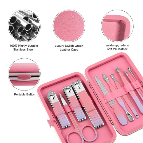 Manicure Set, Travel Mini Nail Clippers Kit, 10pcs Stainless Steel Grooming Tools (Pink Purple)