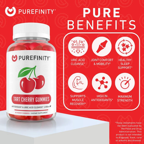 Tart Cherry Gummies for Uric Acid Flush, Joint Relief & Recovery, Non-GMO, Gluten Free, Vegan, 60 Count