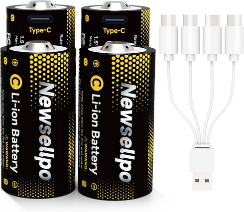 Newsellpo Rechargeable C Batteries 4 Pack, 1.5V 5000mWh Lithium C Size Battery LR14