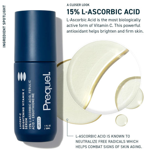 Prequel Skin Lucent-C Vitamin C Facial Serum, L-Asorbic Acid and Ferulic Acid Face Treatment, 1 Fl Oz