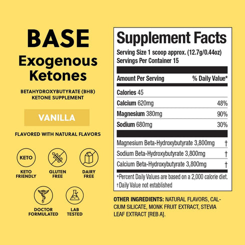 Perfect Keto Exogenous Ketones Powder, BHB Salts Supplement for Ketosis & Fasting, Vanilla, 6.7 oz, Plus Electrolytes
