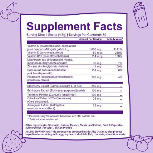 Immune Support Supplement - Vegan Superfood Powder with Elderberry, Turmeric, Vitamin C & B12 (Berry)