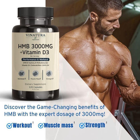 HMB 3000mg and Vitamin D3 Supplement - Promotes Muscle Growth & Recovery, 120 Capsules, 30 Servings