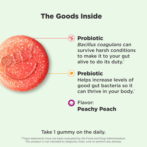 Gummy, 500 30 30 Count OLLY Probiotic + Prebiotic Million CFUs, FOS, Adult Chewable Supplement for Men and Women, Peach
