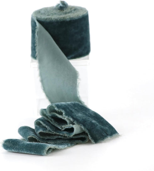Dusty Blue Velvet Ribbon, 2 Inch x 3 Yards Frayed Edge Silk Ribbon for Bridal Bouquet, Invitations, Gift Basket