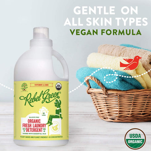 Rebel Green Peppermint & Lemon Scent Liquid Laundry Detergent, 64 Fluid Ounces, Hypoallergenic