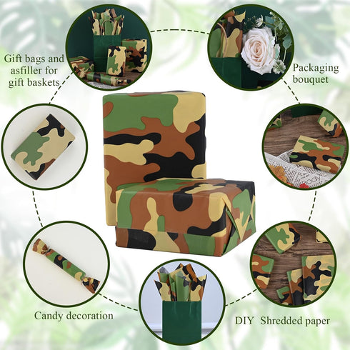 100 Sheets 20 x 14 Inches Camo Tissue Paper for Gift Wrapping, Green Black Camouflage for Birthday Camping Party