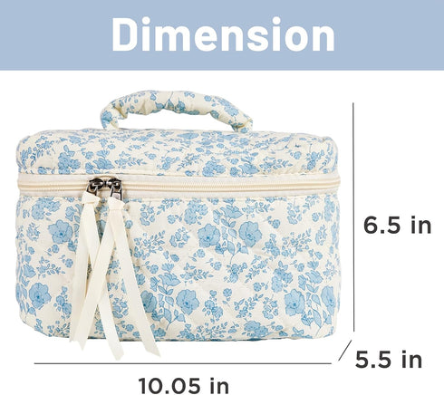 Large Travel Makeup Bag, Quilted Floral Cotton Cosmetic Organizer for Women and Girls