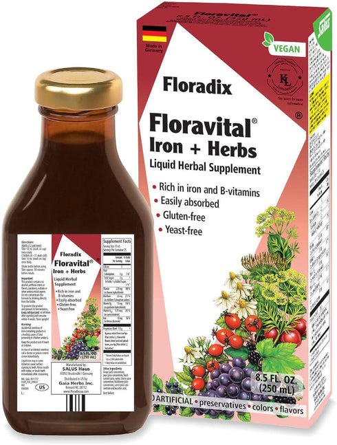 Floradix Floravital Iron & Herbs - 8.5 oz Liquid Herbal Supplement for Energy Support with Vitamin C & B Complex, Vegan