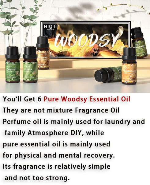 HIQILI 100% Pure Woodsy Essential Oil Set, 6x10ml, Cedarwood, Wintergreen, Frankincense, Vetiver, Rosewood, Cypress -