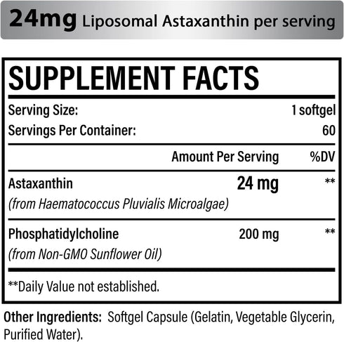 Liposomal Astaxanthin Supplement 24 MG, Maximum Absorption, Antioxidant Stronger Than VIT C, Non-GMO & Gluten Free - 60