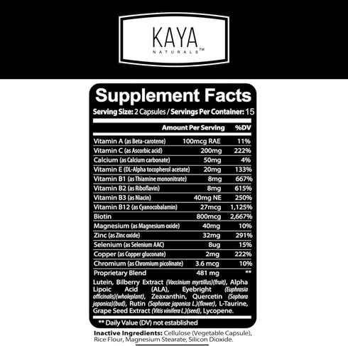 Kaya Naturals Eye Health Supplement, Lutein and Zeaxanthin, Vision Health, Eye Strain Support 800 mg Vitamin Supplement 30 Capsules