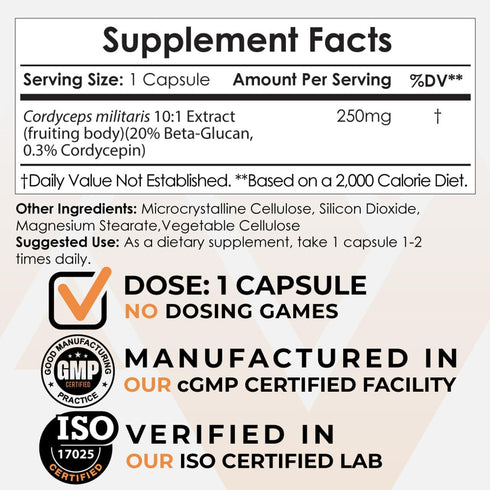 Nootropics Depot Cordyceps Mushroom Capsules, 10:1 Whole Fruiting Body Extract, 250mg, 60 Count