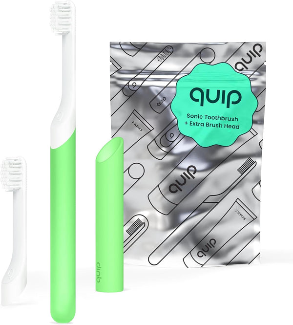 Quip Sonic Toothbrush for Kids with Timer, Extra Brush Head, Travel Cover Mount, Electric, Glow in The Dark, Green