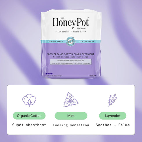 The Honey Pot Company Herbal Pads for Women, 48 ct Overnight Pads w/Wings, Organic Cotton Cover & Essential Oils