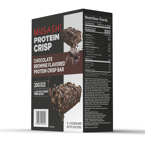 MUSASHI Protein Crisp Bar, 20g Protein, Chocolate Brownie, Post Workout Snack, 12 Pack of 2.1oz Bars
