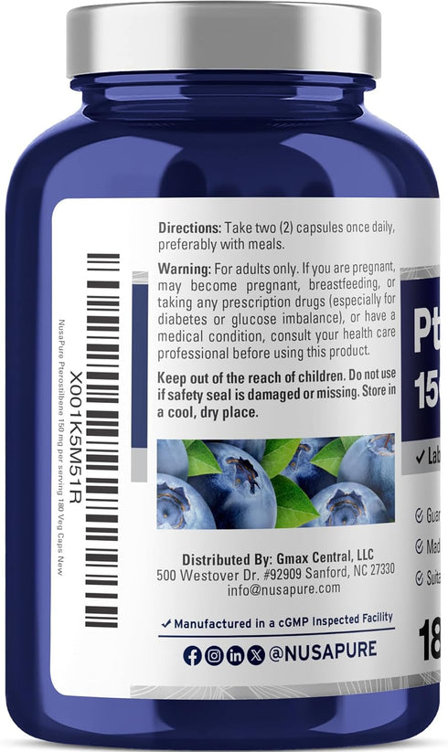 Pterostilbene 150mg 180 NusaPure Veggie Caps (Non-GMO, Vegan)