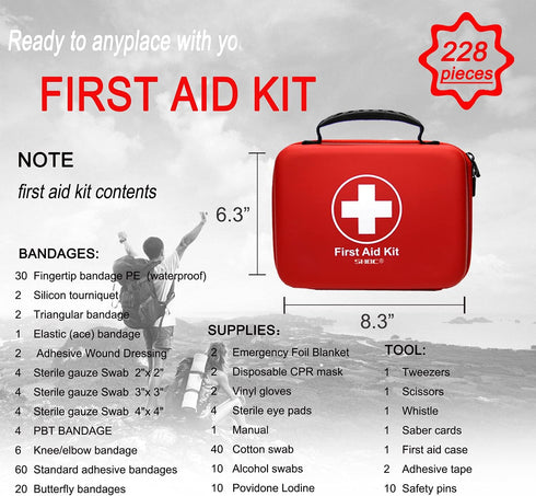Compact First Aid Kit (228pcs) for Family Emergency Care, Waterproof EVA Case, Ideal for Car, Home, Camping