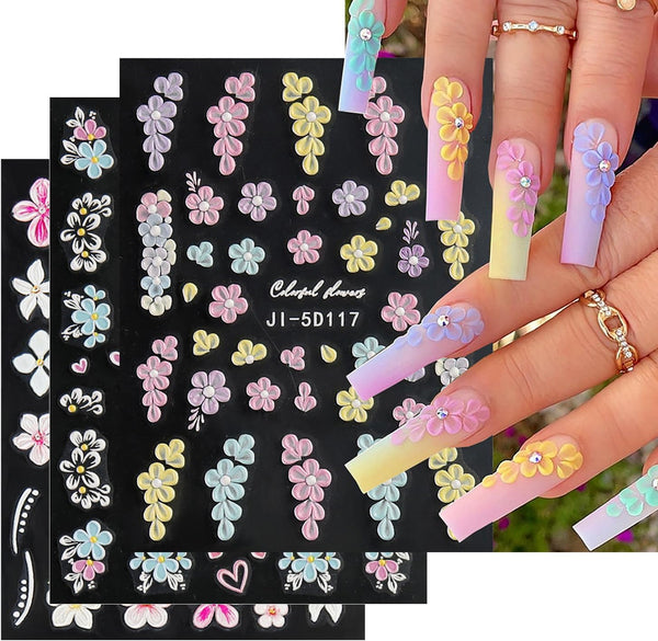 Flower Nail Art Stickers Luxury 5D Embossed Colorful Five Petal Flowers Nail Design for Women, 3 Sheets