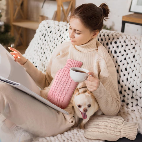2 Pieces Knitted Hot Water Bottle Cover, Soft Sweater for Hot Compress and Cold Therapy (Pink, Khaki)