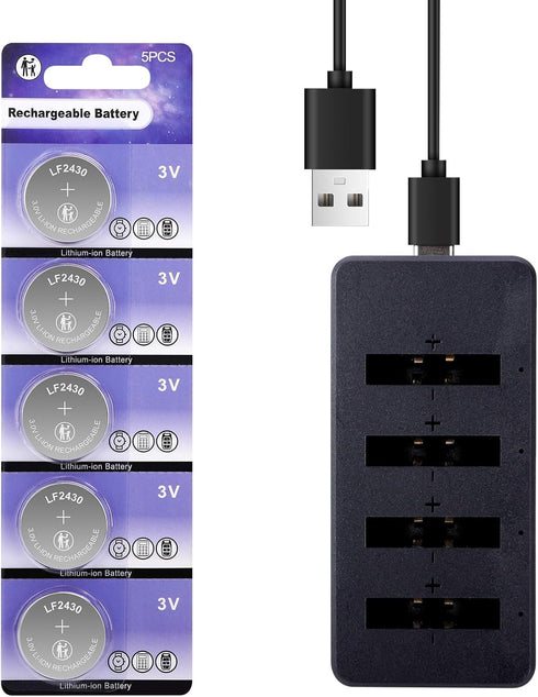 JOXIYECLTL 2430 Rechargeable Lithium-ion Battery with Charger 3V Coin Button Cell Batteries(5PCS)