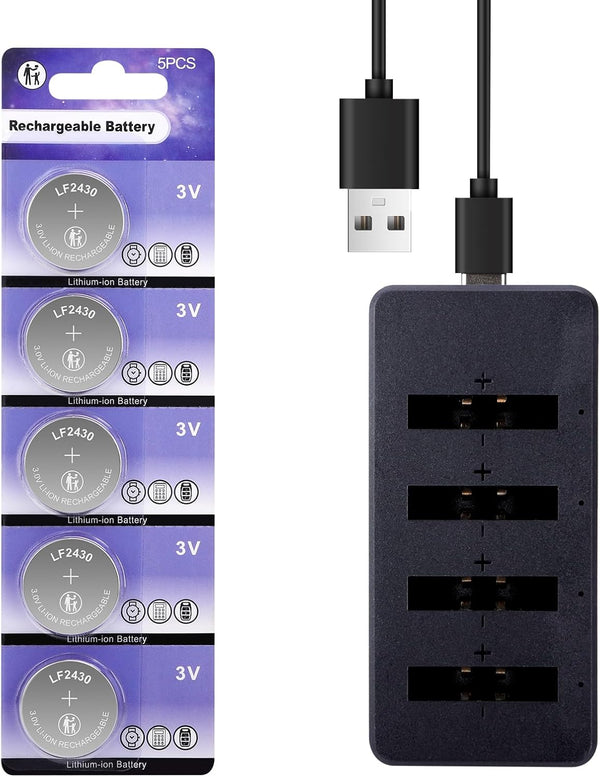 JOXIYECLTL 2430 Rechargeable Lithium-ion Battery with Charger 3V Coin Button Cell Batteries(5PCS)