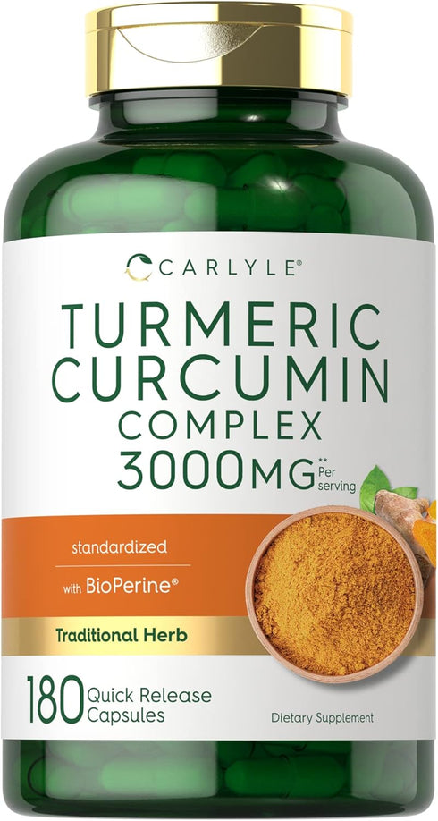 Carlyle Turmeric Curcumin 3000mg with Black Pepper - 180 Non-GMO Gluten Free Capsules, Curcuminoids & Bioperine