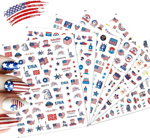 6 Sheets Independence Day Nail Art Stickers, 4th of July Nail Decals, 3D Self-Adhesive Art Supplies for Women