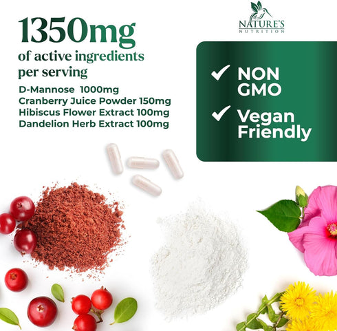 D-Mannose Supplement 1,350 mg with Cranberry & Hibiscus, 120 Capsules for Bladder and Urinary Tract Health