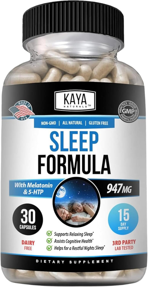 Kaya Naturals Sleep Support Formula with Melatonin, Vitamin Supplement for Sleep, Stress, and Mood Support, 30 Count