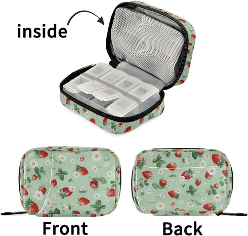 Plaaee 7 Strawberries Ladybugs Weekly Pill Organizer Case Day Portable Pill Box Bag Medicine Organizer Pill Container
