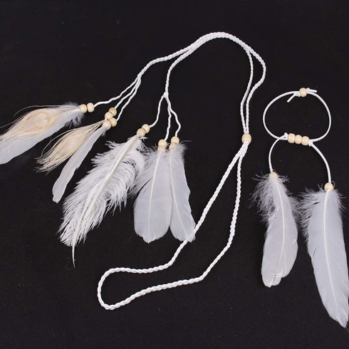 Set of 2 Women Bohemian White Peacock Feather Headband and Armband Handmade Tribal Indian Fascinator Wedding Accessories