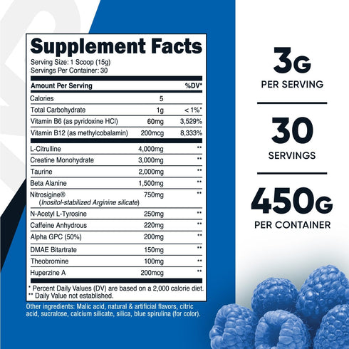 Nutricost Pre-C Pre-Workout Complex with Creatine, Blue Raspberry, 30 Servings, 450g Powder