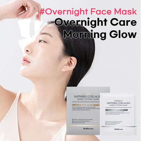 WELLDERMA Sapphire Collagen Face Mask Premium Impact Fitting Overnight Face Mask 4EA-Korean Face Sheet Mask for all skin types-Hydrating facial mask sheets-Patented Structure Hydrogel Type-Niacinamide