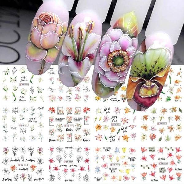 12 Sheets Lily Flowers Nail Stickers, Water Transfer Decals for Spring Floral Nail Art Design