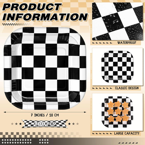 100 Pcs Black and White Checkered Dessert Plates, 7 x 7 Inch Disposable Square Paper Plates for Birthday and Baby