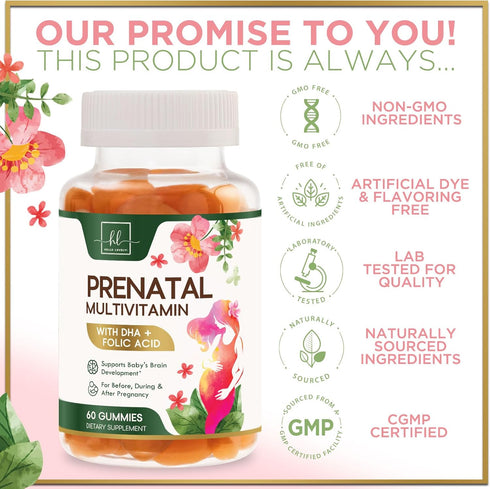Prenatal Vitamins for Women - DHA & Folic Acid Multivitamin Gummies for Brain Development, 60 Gummies