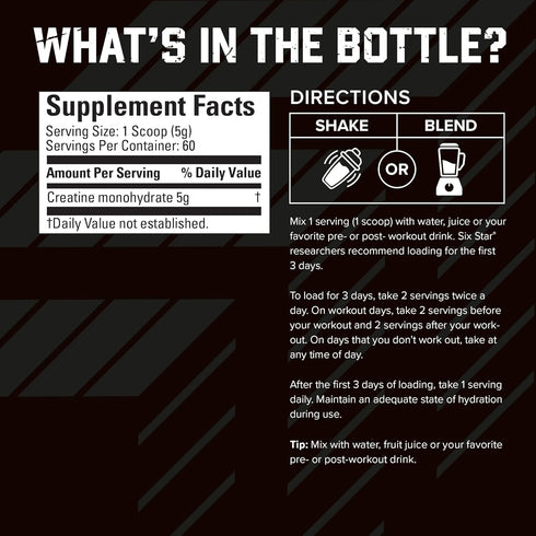 Six Star 100% Creatine Monohydrate Powder - Unflavored Micronized Supplement for Workout Performance, 60 Servings