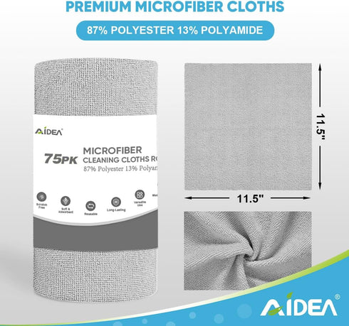 AIDEA Grey Microfiber Cleaning Cloth Roll | 75PK | Reusable Paper Towels, Washable Shop Rags