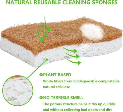 Natural Kitchen Sponges, 12 Pack Non-Scratch Scrubber, Biodegradable Compostable Sisal Cellulose Dish Scrub Sponges, Household Cleaning Sponges for Dishes by HileSwan