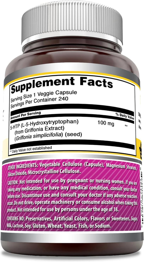 Amazing Formulas 5-HTP Supplement, 100 Mg Per Serving, Veggie Capsules, Non-GMO, Gluten Free, Made in USA (240 Count)