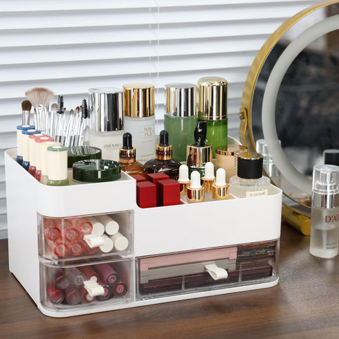 Large Capacity Makeup Organizer for Vanity, Plastic White Countertop Storage with Clear 3 Drawers for Brushes and