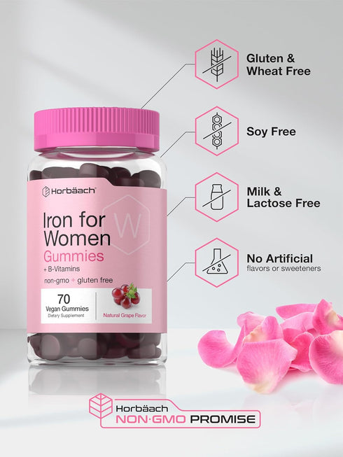 Horbaeach Iron Gummies for Women | Supplement with B Vitamins, Grape Flavor, Vegan, Non-GMO & Gluten Free (70 Count)