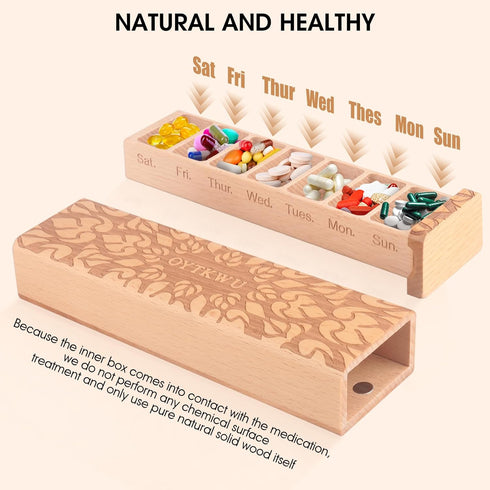 OYTKWU 1 7 Wooden Weekly Pill Organizer time a Day -Daily Pill Box, Travel-Friendly, Safe Travel Day Pill Organizer